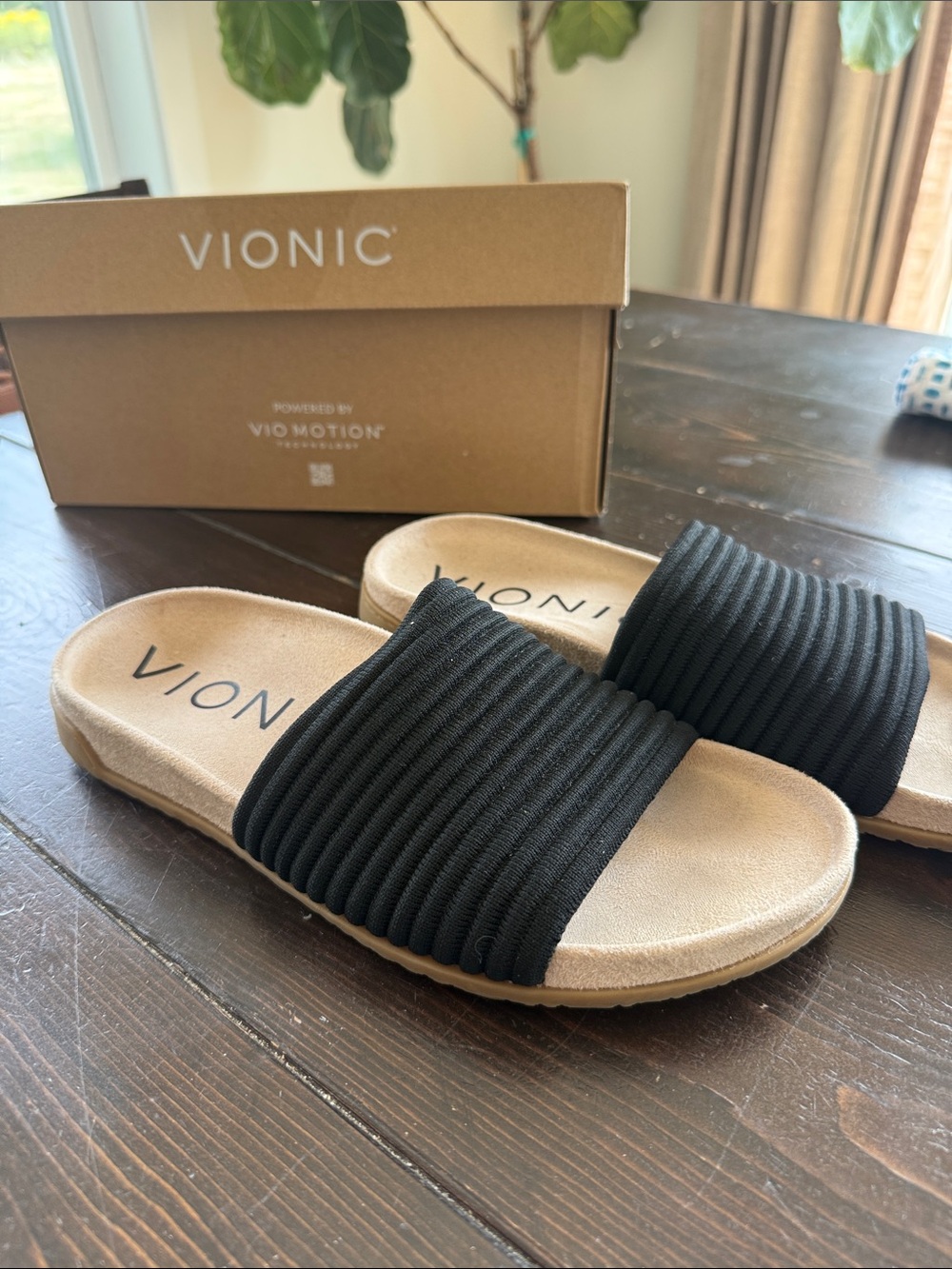 Vionic Black Ribbed Slide Sandals with Tan Footbed